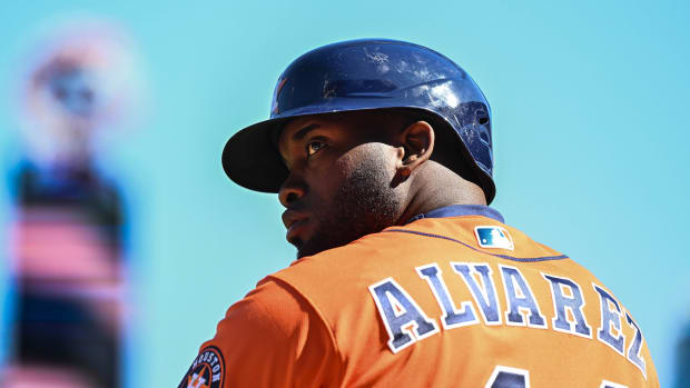 Apr 8, 2023; Minneapolis, Minnesota, USA; Houston Astros left fielder Yordan Alvarez (44) in action during the game against the Minnesota Twins at Target Field. Mandatory Credit: Jeffrey Becker-USA TODAY Sports